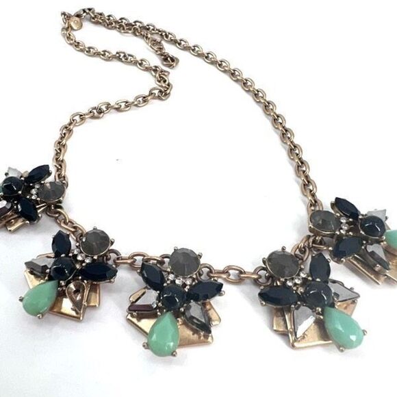 J. Crew Stunning Statement Rhinestone Necklace crystals gold tone jade onyx styl - Picture 1 of 8